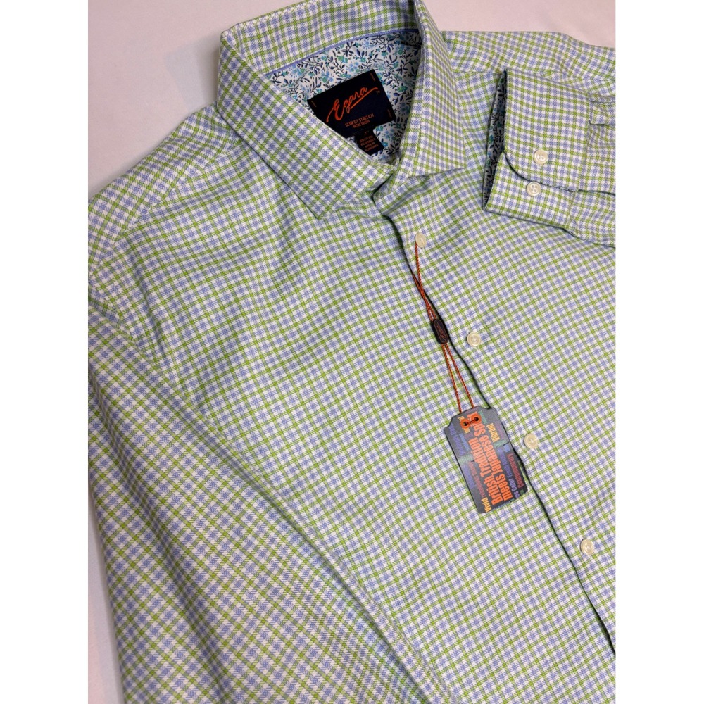 Egara Slim Fit Stretch Non Iron Dress Shirt XL Green Blue Check Floral Trim